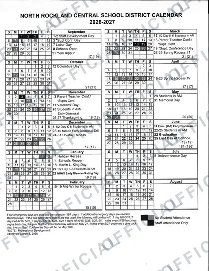 North Rockland Central School District 2026-27 calendar