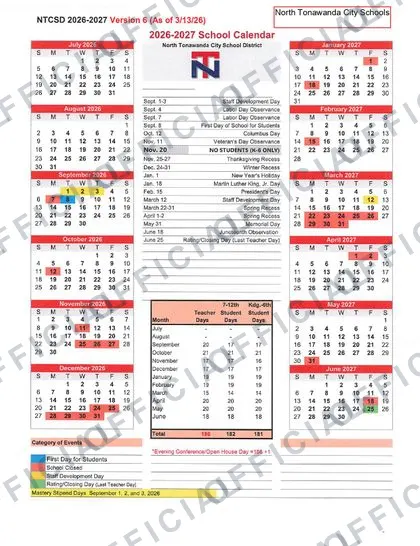 North Tonawanda City School District 2026-27 calendar
