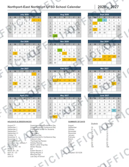 Northport-East Northport UFSD 2026-27 calendar