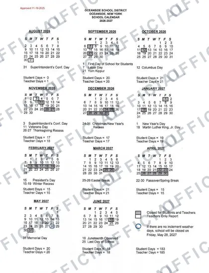 OCEANSIDE SCHOOL DISTRICT 2026-27 calendar