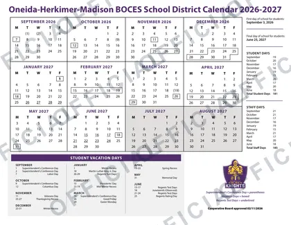 Oneida-Herkimer-Madison BOCES School District 2026-27 calendar