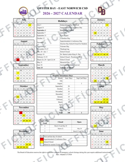 Oyster Bay - East Norwich CSD 2026-27 calendar