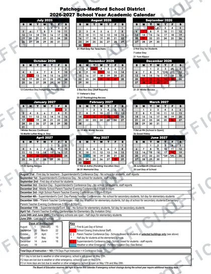 Patchogue-Medford School District 2026-27 calendar