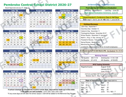 Pembroke Central School District 2026-27 calendar