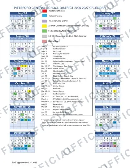 PITTSFORD CENTRAL SCHOOL DISTRICT 2026-27 calendar