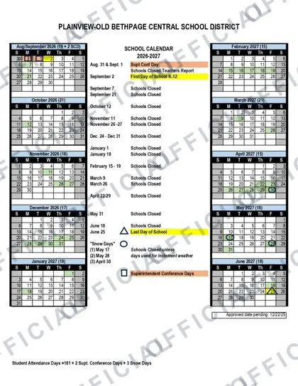 PLAINVIEW-OLD BETHPAGE CENTRAL SCHOOL DISTRICT 2026-27 calendar