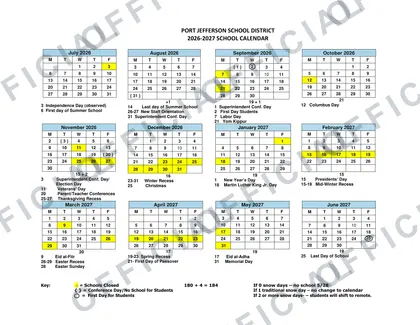 Port Jefferson School District 2026-27 calendar