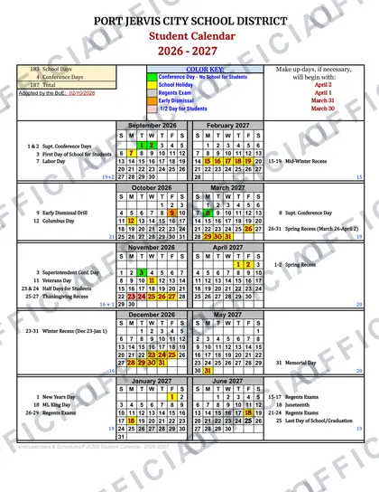 Port Jervis City School District 2026-27 calendar