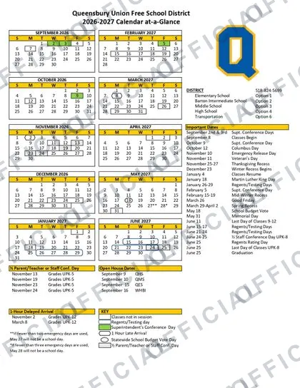 Queensbury Union Free School District 2026-27 calendar