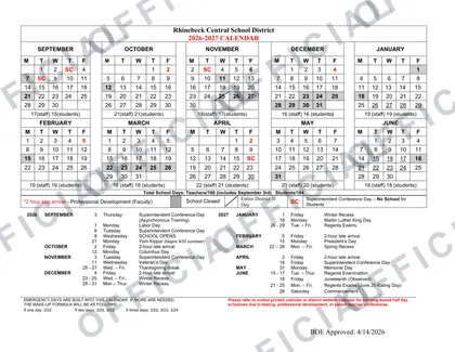 Rhinebeck Central School District 2026-27 calendar