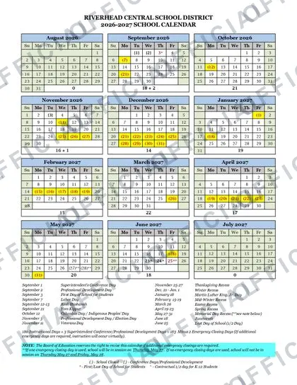 RIVERHEAD CENTRAL SCHOOL DISTRICT 2026-27 calendar