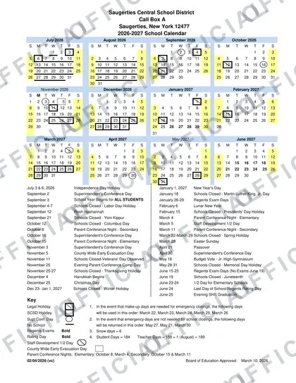 Saugerties Central School District 2026-27 calendar