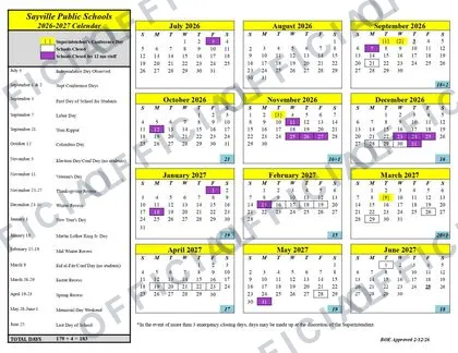 Sayville Public Schools 2026-27 calendar