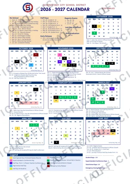 Schenectady City School District 2026-27 calendar