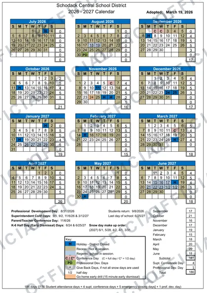 Schodack Central School District 2026-27 calendar