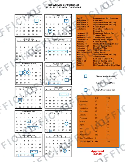 Schuylerville Central School 2026-27 calendar