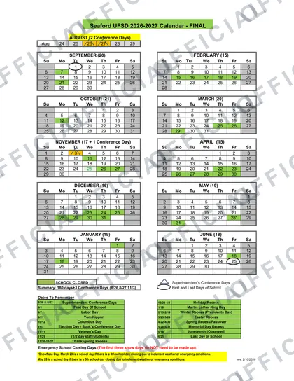 Seaford UFSD 2026-27 calendar