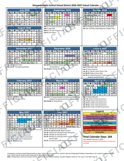 Shenendehowa Central School District 2026-27 calendar