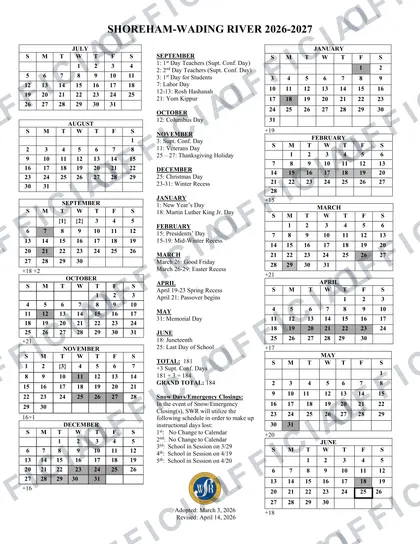 Shoreham-Wading River School District 2026-27 calendar