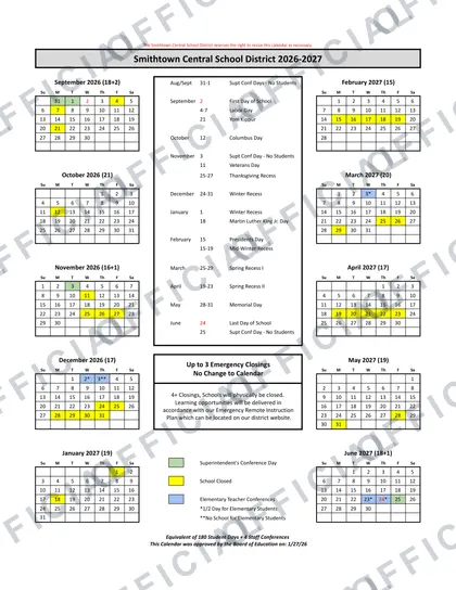 Smithtown Central School District 2026-27 calendar