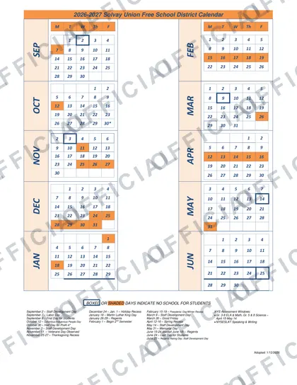 Solvay Union Free School District 2026-27 calendar