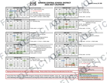 Somers Central School District 2026-27 calendar