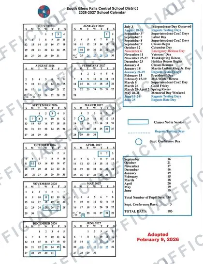 South Glens Falls Central School District 2026-27 calendar
