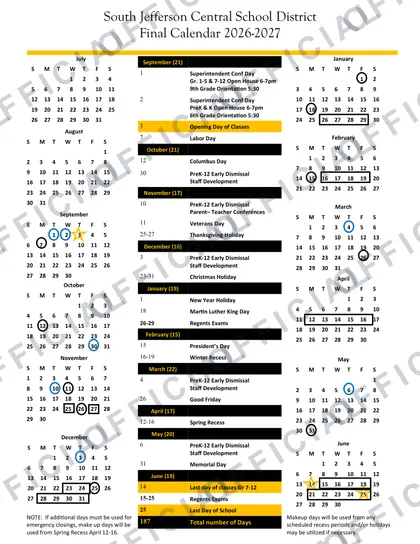 South Jefferson Central School District 2026-27 calendar