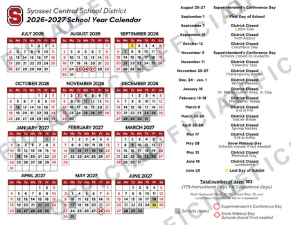 Syosset Central School District 2026-27 calendar