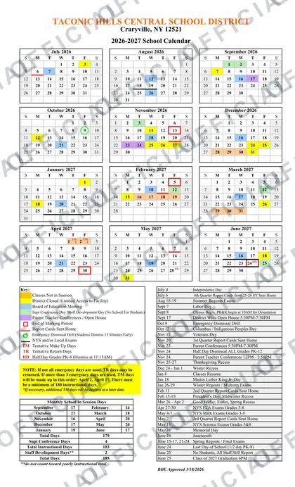 Taconic Hills Central School District 2026-27 calendar
