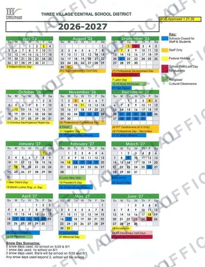 THREE VILLAGE CENTRAL SCHOOL DISTRICT 2026-27 calendar