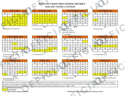 Tuckahoe Union Free School District 2026-27 calendar