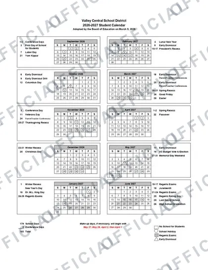Valley Central School District 2026-27 calendar