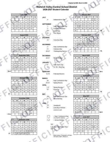 Warwick Valley Central School District 2026-27 calendar