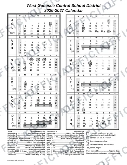 West Genesee Central School District 2026-27 calendar