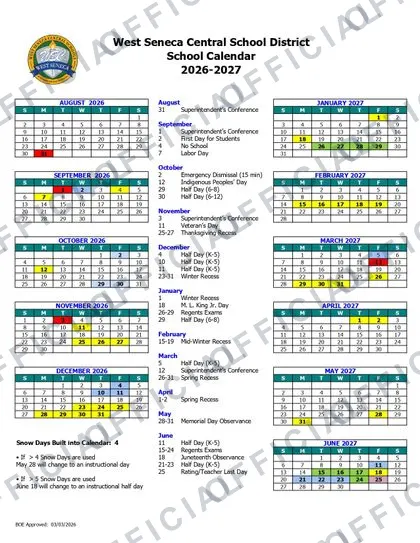 West Seneca Central School District 2026-27 calendar