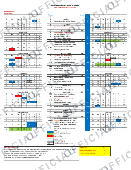 White Plains City School District 2026-27 calendar