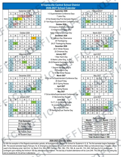 Williamsville Central School District 2026-27 calendar