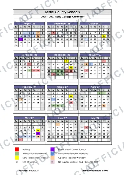 Bertie County Schools 2026-27 calendar