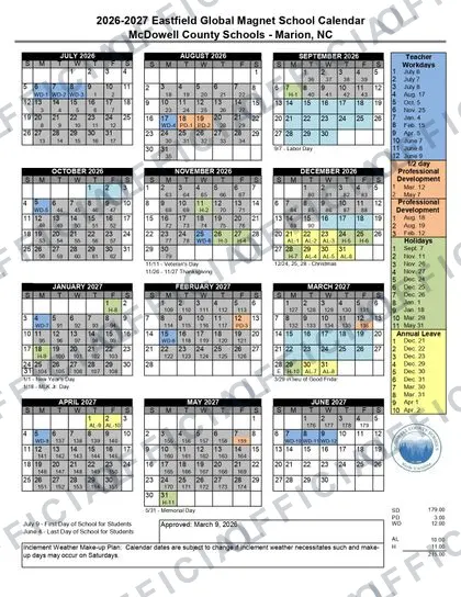 Eastfield Global Magnet School 2026-27 calendar