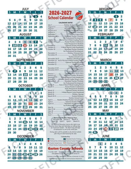 Gaston County Schools 2026-27 calendar