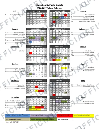 Gates County Public Schools 2026-27 calendar
