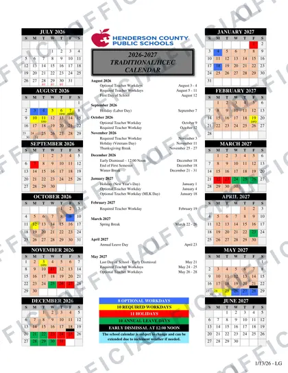 Henderson County Public Schools hcps 2026-27 calendar