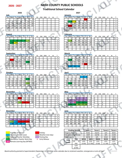 Nash County Public Schools 2026-27 calendar