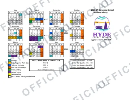 Ocracoke School -Hyde Academy 2026-27 calendar