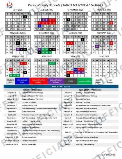 Person County Schools 2026-27 calendar
