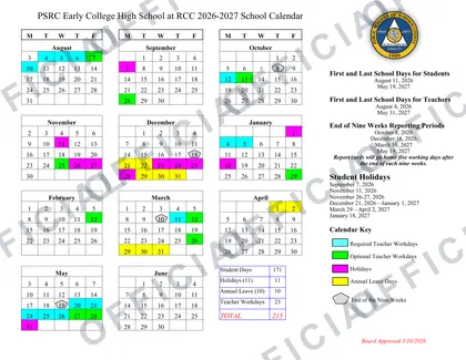 PSRC Early College High School at RCC 2026-27 calendar