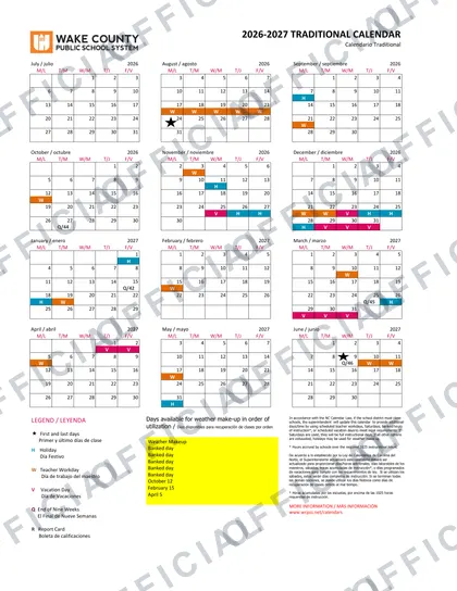Wake County Public School System 2026-27 calendar