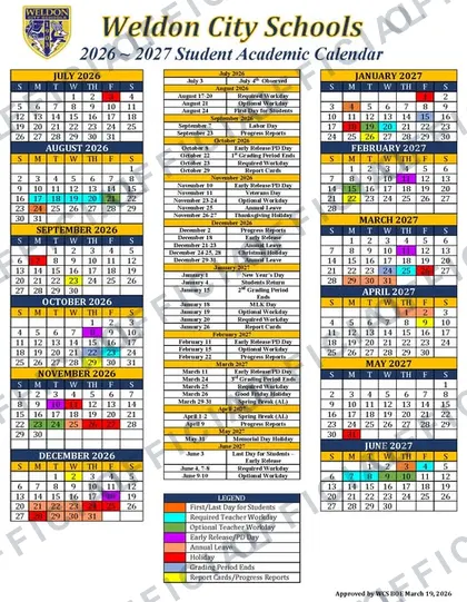 Weldon City Schools 2026-27 calendar
