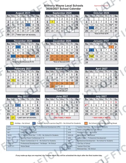 Anthony Wayne Local Schools 2026-27 calendar